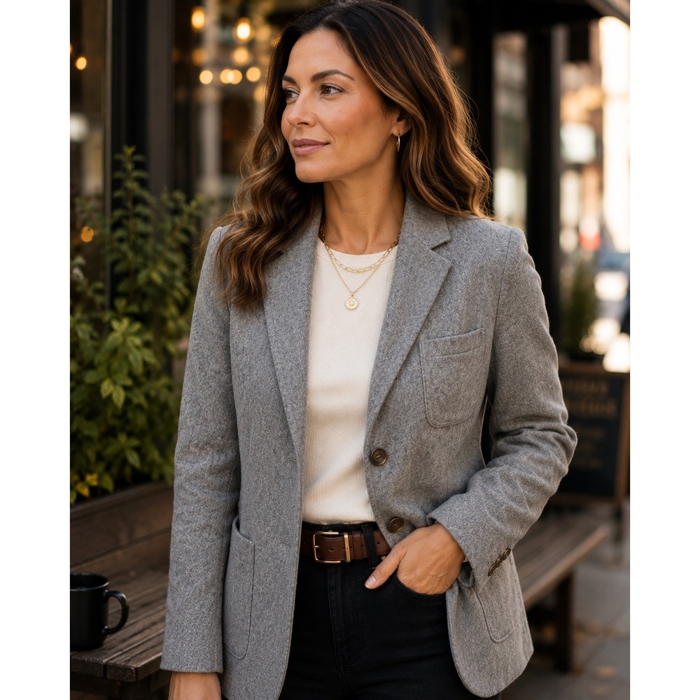 Preppy Wool Blazer Jacket Patch Pockets   Quiet Luxury Minimalist Gray Sz 14